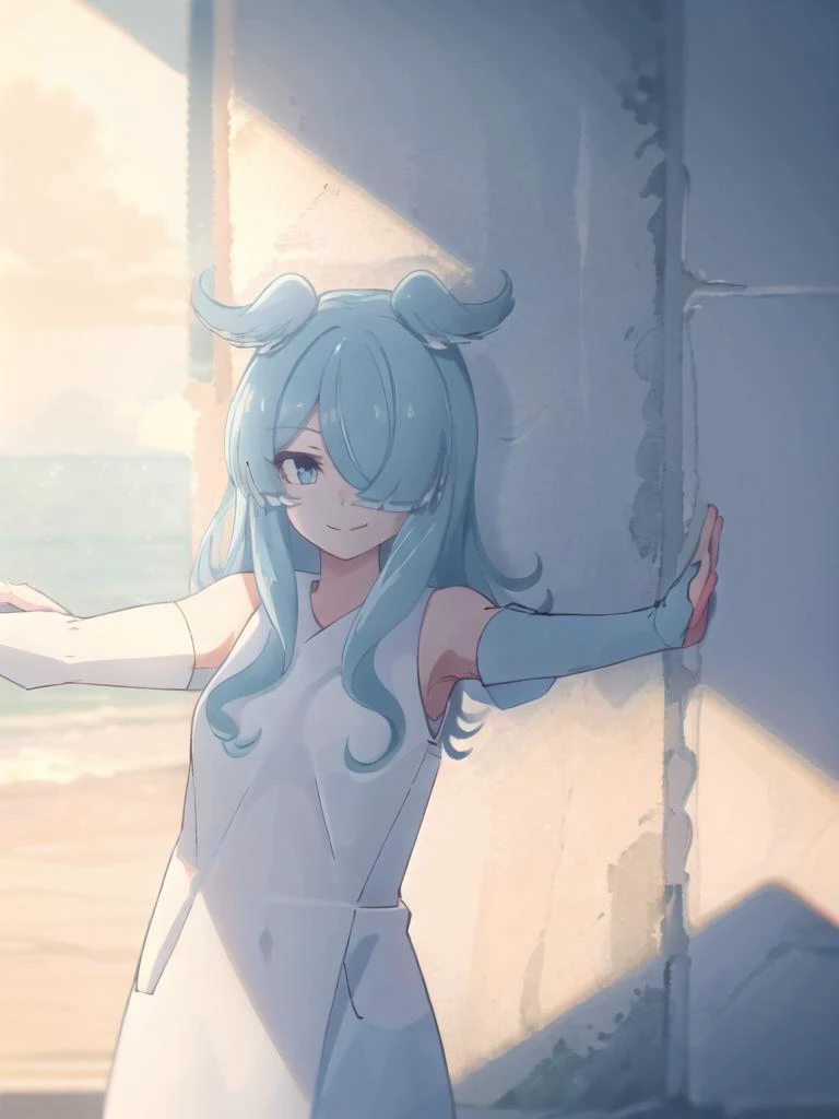 <lora:elira_pandora_vtuber_v1:1>elira, 1girl, solo, long hair, looking at viewer, smile, bangs, blue eyes, blue hair, detached sleeves, virtual youtuber, hair over one eye, head wings, one eye covered, open hands