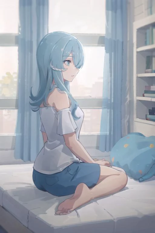 <lora:elira_pandora_vtuber_v1:1>elira,1girl, bare_shoulders, barefoot, bed, blue_eyes, blue_hair, curtains, feet, hair_over_one_eye, indoors, long_hair, on_bed, parted_lips, pillow, shirt, shorts, sitting, soles, solo, window