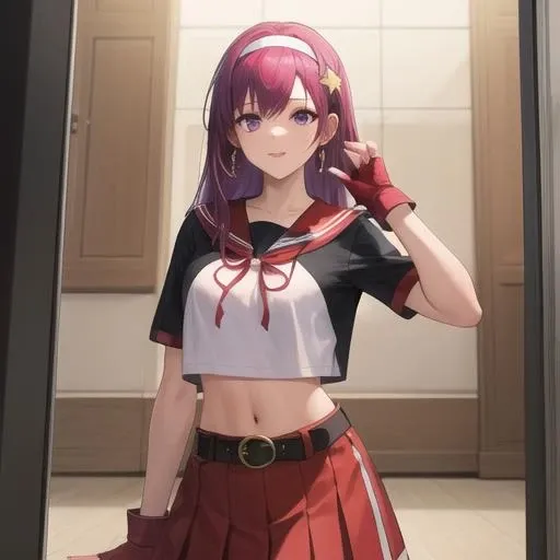 (masterpiece, best quality:1.2),illustration,8k,hd,1girl,solo,upper body,(portrait:1.2),purple hair,fingerless gloves,purple eyes,long hair,cropped shirt,short sleeves,star hair ornament,breasts,jewelry,earrings,navel,belt,midriff,red skirt,hair ornament,white hairband,bike shorts,socks,shoe,<lora:Asamiya Athena-02:0.5>,