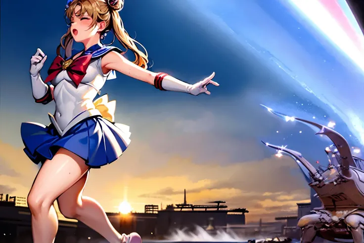 masterpiece,best quality,highly detailed,1girl,solo,(clenched teeth,one eye closed,struggling,sweat, sweatdrop, panicking),
BREAK
<lora:sailor_moon_v1:0.75>,aausagi,double bun,twintails,parted bangs,circlet,jewelry,earrings,choker,red bow,white gloves,elbow gloves,blue skirt,
BREAK
<lora:antlarMagnet:0.7>,(((running away from backlighting, shiny, backlighting, blurry background))),from side,standing,monster,claws,monster,sand,kaijuu,arched back,