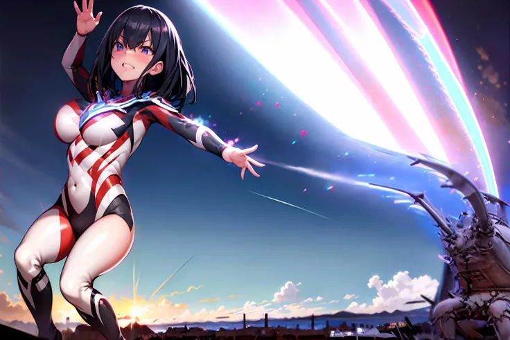 masterpiece,best quality,highly detailed,1girl,solo,takarada rikka,ssss.gridman,medium hair,black hair,blue eyes,large breasts,
<lora:Ultgp-16b:0.7>,(ultgp :1),red ultraman bodysuit,(clenched teeth,one eye closed),struggling,giantess,giant,panicking,sweat,sweatdrop,outstretched arms,
BREAK
<lora:antlarMagnet:0.75>,(((running away from backlighting, shiny,backlighting, blurry background))),from side,standing,monster,claws,