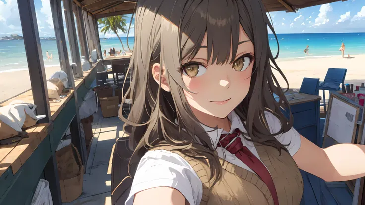 riofutaba, highres, highest quallity, illustration, ultra detailed, (detailed face), (detailed eyes), soft lighting, best quality, hyper detailed, masterpiece, 1girl, solo, ashe brown hair, long hair, brown eyes, outfti2, white shirt, sweater vest, beige vest, short sleeved shirt, necktie, pleated skirt, luminous eyes, large breasts, (colorful), looking at viewer, smile, upper body, outdoors, beach, sun, water, clouds, sky, selfie
<lora:RioFutaba:0.7>