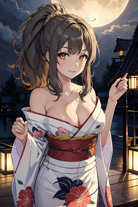 riofutaba, highres, highest quallity, illustration, ultra detailed, (detailed face), (detailed eyes), soft lighting, best quality, hyper detailed, masterpiece, 1girl, solo, outfit4, ashe brown hair, long hair, ponytail, brown eyes, kimono, yukata, floral print, wide sleeves, bare shoulder, luminous eyes, large breasts, (colorful), looking at viewer, smile, night, sky, moon, busy background
<lora:RioFutaba:0.8>