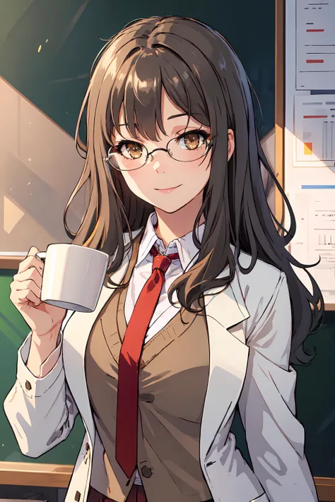 riofutaba, highres, highest quallity, illustration,  ultra detailed, (detailed face), (detailed eyes), soft lighting, best quality, hyper detailed, masterpiece, 1girl, solo, outfit1, ashe brown hair, long hair, brown eyes, glasses, brown blazer, white shirt, red necktie, labcoat, pleated skirt, luminous eyes, large breasts, (colorful), upper body, smile, indoors, looking at viewer, holding mug, classroom, chalkboard
 <lora:RioFutaba:0.8>