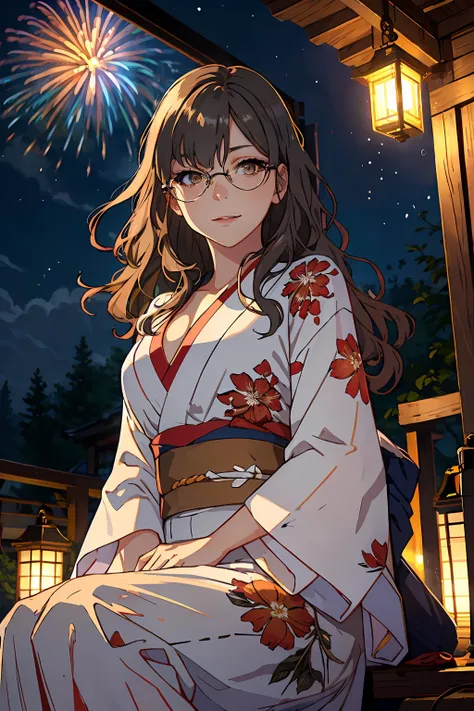 riofutaba, highres, highest quallity, illustration, ultra detailed, (detailed face), (detailed eyes), soft lighting, best quality, hyper detailed, masterpiece, 1girl, solo, outfit4, ashe brown hair, long hair, brown eyes, glasses, Japanese clothes, blue kimono, yukata, wide sleeves, floral pattern, luminous eyes, large breasts, (colorful), smile, outdoors, sitting, night, sky, fireworks in sky, water
<lora:RioFutaba:0.8>