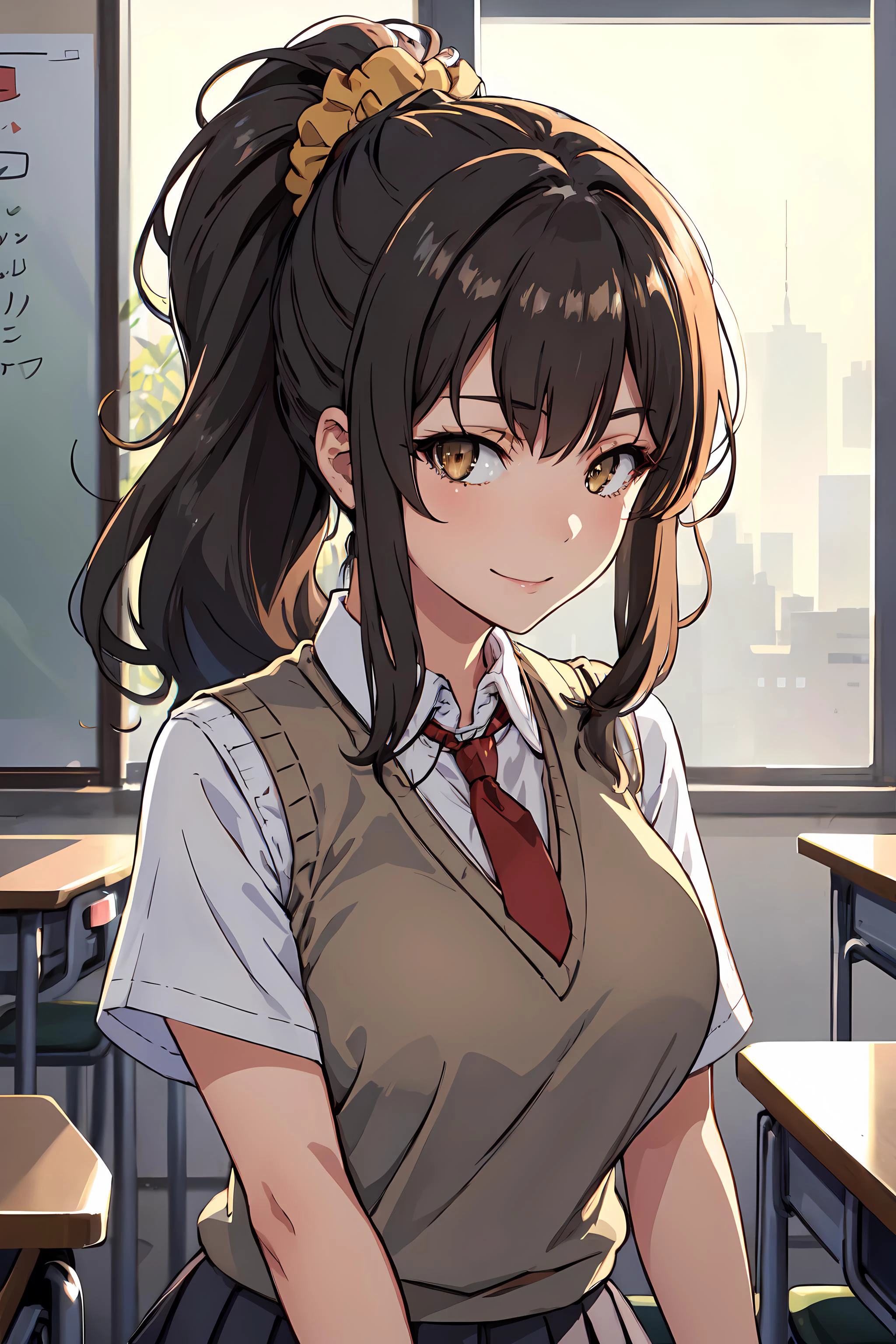 riofutaba, highres, highest quallity, illustration, ultra detailed, (detailed face), (detailed eyes), soft lighting, best quality, hyper detailed, masterpiece, 1girl, solo, outfit2, ashe brown hair, ponytail, scrunchie, brown eyes, sweater vest, beige vest, white shirt, short sleeved shirt, pleated skirt, red necktie, luminous eyes, large breasts, (colorful), upper body, smile, indoors, classroom, looking at viewer <lora:RioFutaba:0.8>