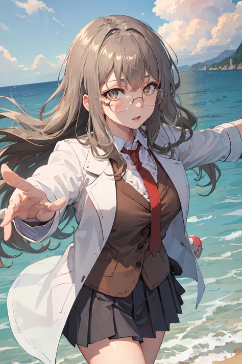 riofutaba, highres, highest quallity, illustration,  ultra detailed, (detailed face), (detailed eyes), soft lighting, best quality, hyper detailed, masterpiece, 1girl, solo, outfit1, ashe brown hair, long hair, brown eyes, glasses, brown blazer, white shirt, red necktie, pleated skirt, labcoat, luminous eyes, large breasts, (colorful), looking at viewer, beach, water, sky, clouds, reaching out <lora:RioFutaba:0.7>