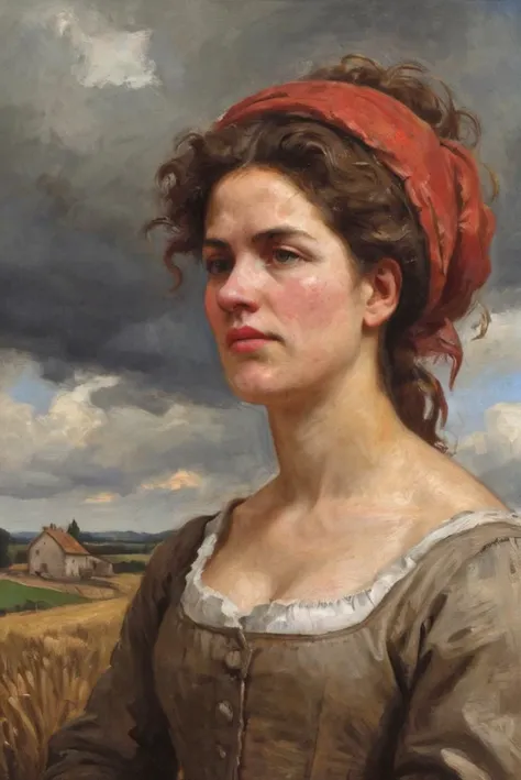 oil painting, paint brush stroke, classical art, dramatic,
1600s france, peasant women, ragged clothing, messy hair, farm land, cloudy sky, red cheeks,