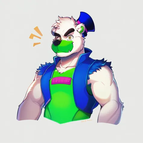 source_cartoon, colorful, score_9, score_8_up, score_8, (masterpiece), BREAK, 1boy, <lora:saucebear_ponyxl-10:1.4> (saucebear), blue hat, bear ears, beat face, yellow eyes, white fur, green chest, blue vest, simple background, <lora:add-detail-xl:1.5>