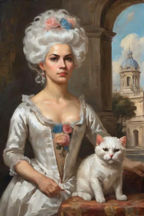 oil painting, paint brush stroke, classical art, dramatic,
1600s france, women wearing Aristocat french clothing , white tall wig, floral dress, looking at viewer with face of disgust, hand in a fist, luxury palace in background ,