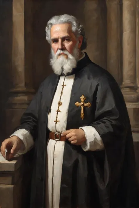 oil painting, paint brush stroke, classical art, dramatic,
1600s france, priest wearing formal church uniform, interior of a cathedral, black silk, long white beard, dim lighting,