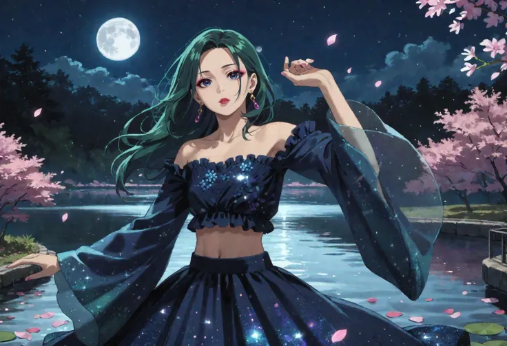 score_9,score_8_up,score_7_up,source_anime,outdoors,lake,flower,petals,night sky,moon,full moon,<lora:maomao_ponyxl_v1:0.8>,1girl,solo,maomao,green hair,sparkling dress,blue dress,midriff,sparkling footwear,layered dress,long sleeves,wide sleeves,glint,partially bare shoulders,straight hair,hair beads,hair over shoulder,earrings,purple earrings,star earrings,jewelry,makeup,lipstick,pink eyeliner,makeup,pink eyeliner,freckles,dancing,