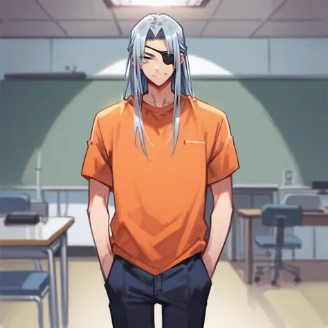 shin natsume, tenjo tenge, ah1, 1boy, long hair, gray hair, parted bangs, score_9, score_8_up, score_7_up, score_6_up, source_anime, orange t-shirt,<lora:Shin_Natsume_from_Tenjo_Tenge:0.8>, (standing tall with a slight lean forward, hands casually in pockets, smirk, exuding dominance and allure), (Conference Room, Modern meeting space with a long conference table, comfortable chairs, a projector screen, teleconferencing equipment, a whiteboard for brainstorming sessions), grey eyes, serious, eyepatch,