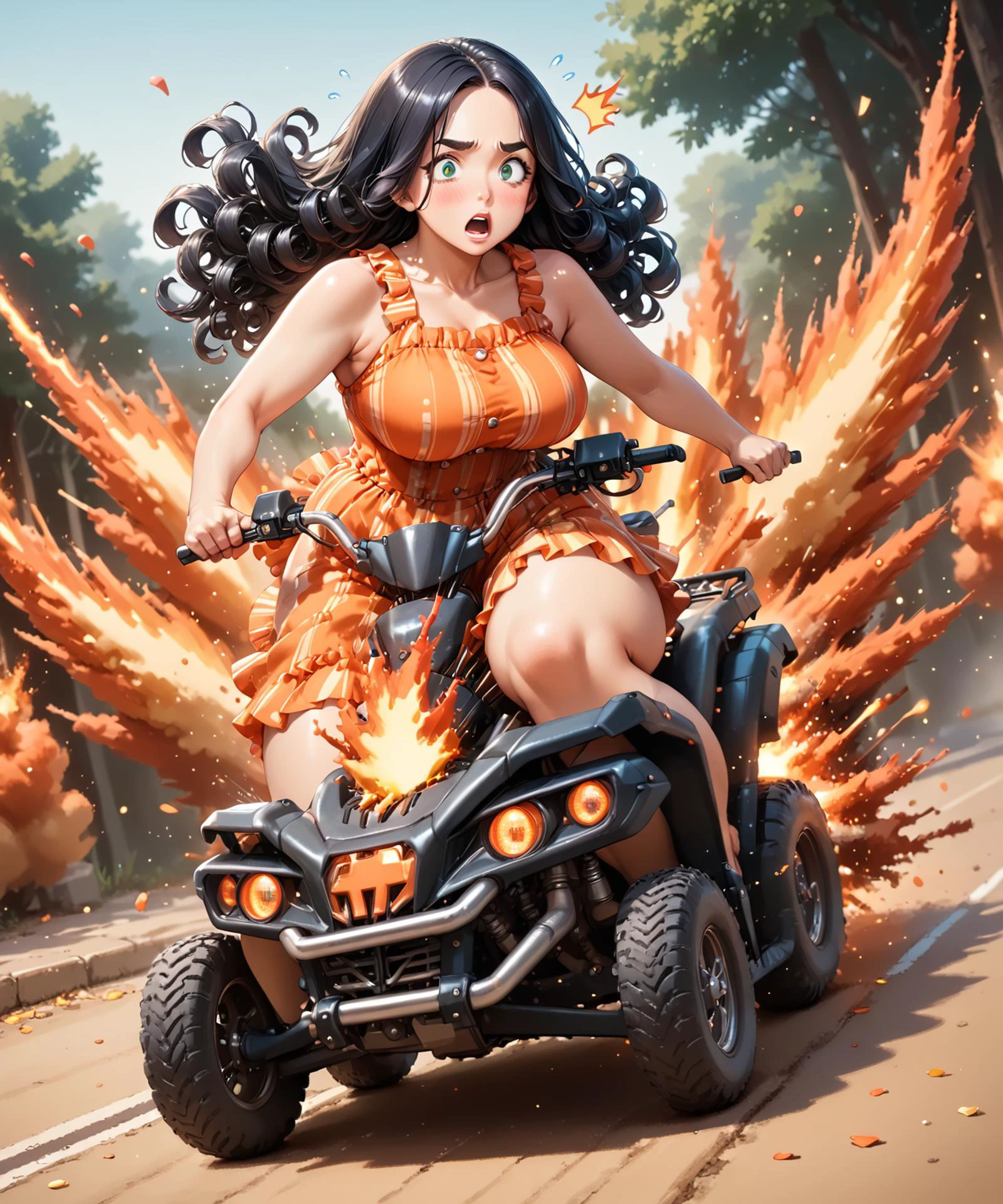 score_9, score_8_up, score_7_up, score_6_up, source_anime, rating_safe, ah1, 1girl, (curly hair), long hair, (black hair), mature female, (parted hair:1.7), (round face), (no_bangs:1.3), (no_fringe:1.6), looking at viewer, (thick eyebrows), (curvy), round-chin, (dark olive green eyes), short girl, caucasian, down-turned eyes, <lora:ETO_OCPonyXL:0.5> eto_oc, skindentation, thick thighs, wide hips, busty, voluptuous, kinky curls, lips, bad-hands-5, (limed oak Button-front dress), (in steam-powered Forge, Fiery furnace blazing with heat, anvils ringing with the sound of hammer blows, craftsmen shaping metal with skill and precision, the scent of molten metal and burning coal), <lora:venus body PonyXL:0.8>, <lora:RideQuadPony:0.8> Riqua, Riding a Quad, riding a quad, road, (Eye-level angle (from behind) view Close shot), flying sweetdrops, blush, surprised, open mouth, :o, outdoors, motion lines, speed, explosion, sparks, fire, <lora:Confetti_Explosion_SDXL:0.8> mad-confetti-explosion <lora:d\EnvyActionShotXL01:1> action shot <lora:Action_Films_XL_V1:0.8> action films <lora:StS_detail_slider_v1:1>