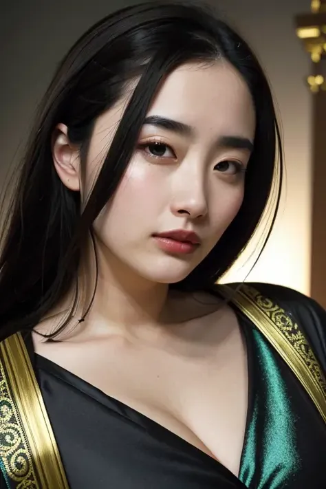 a beautiful empress portrait, black hair, perfect black eyes, with a brilliant, clothes Santa robes, everything Christmas, snow, symmetrical, dramatic studio lighting, rococo, baroque, greens, asian, hyperrealism, closeup, D&D, fantasy, intricate, elegant, highly detailed, digital painting, artstation, octane render, 8k, concept art, matte, sharp focus