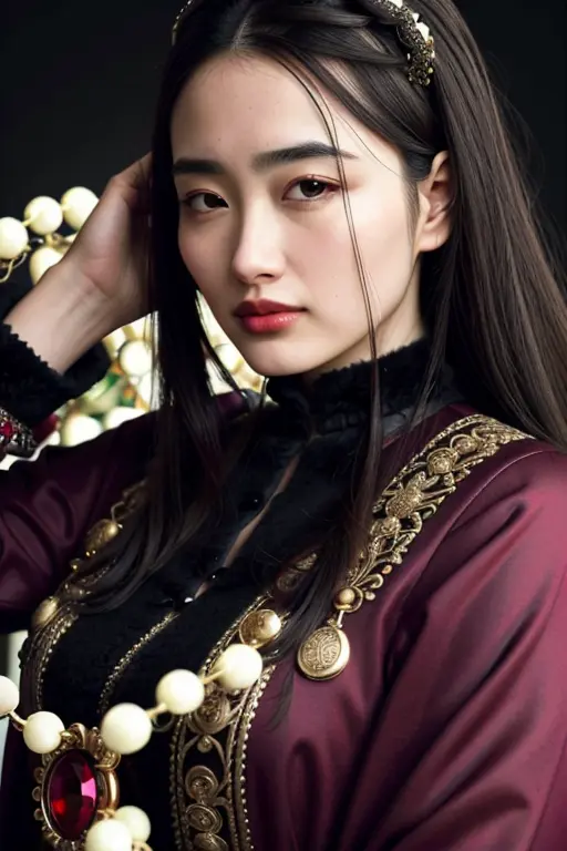 a beautiful empress portrait, black hair, perfect black eyes, with a brilliant, clothes Santa robes, everything Christmas, snow, symmetrical, dramatic studio lighting, rococo, baroque, greens, asian, hyperrealism, closeup, D&D, fantasy, intricate, elegant, highly detailed, digital painting, artstation, octane render, 8k, concept art, matte, sharp focus