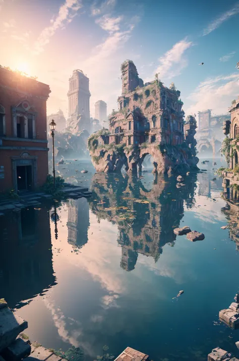 (8k, RAW photo, best quality, masterpiece:1.2), (realistic, photo-realistic:1.37), octane render, ultra high res, ultra-detailed , professional lighting, photon mapping, radiosity, physically-based rendering, ue5, ((island sanctuary)), ((ancient fallen kingdom)), ((reflections in water)), ((raytracing)), ((drowned city)), (depth of field)