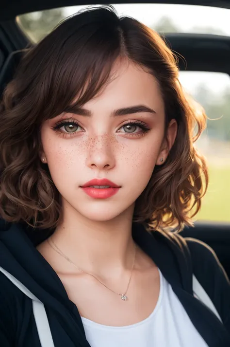 RAW photo, a 22-year-old-girl, upper body, selfie in a car, blue hoodie, (raecmbr-2650:0.9), (r4ec4mbr4:0.95), (1girl), (realistic), (photo-realistic:1.5), inside a car, driving, lipstick, freckles, (short hair), multicolor hair, necklace, (RAW photo, 8k uhd, film grain), Sharp Eyeliner, Blush Eyeshadow With Thick Eyelashes, extremely delicate and beautiful, 8k, soft lighting, high quality, highres, sharp focus, extremely detailed, during the day, (sunlight on face), beautiful detailed eyes, extremely detailed eyes and face, masterpiece, cinematic lighting, (high detailed skin:1.2), 8k uhd, dslr, soft lighting, high quality, film grain, Fujifilm XT3