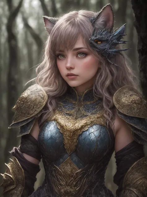 girl holding cat, cat ears, chibi, blue, gold, white, purpple, dragon scaly armor, forest background, fantasy style, (dark shot:1.17), epic realistic, faded, ((neutral colors)), art, (hdr:1.5), (muted colors:1.2), hyperdetailed, (artstation:1.5), cinematic, warm lights, dramatic light, (intricate details:1.1), complex background, (teal and orange:0.4), colorfull, (natural skin texture, hyperrealism, soft light, sharp:1.2), (intricate details:1.12), hdr, (intricate details, hyperdetailed:1.15), white hair, full body