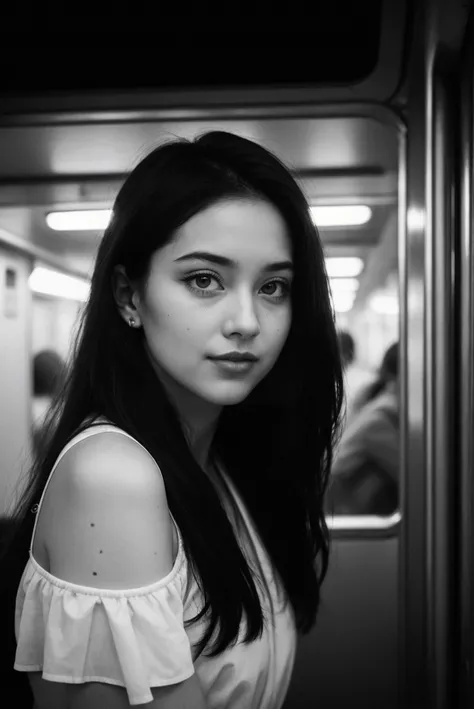 Best quality, masterpiece, ultra high res, (photorealistic:1.4), raw photo, ((monochrome)), ((grayscale)), black and white photography, street photography, trending on flickr, 1girl, offshoulder, in the dark, deep shadow, low key, cold light, deep contrast, bokeh, depth of field, (looking at viewer, softly smiling), a photo of a inside a subway car holding her cellphone, wall full of grafittis, Drew Tucker, award-winning photograph, a black and white photo, neoism, background crowds, people in backgrounds, ((upper body)), ((straight photo)),