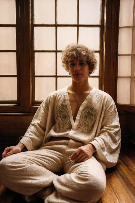 male focus, photo of wn_lndbrg <lora:owen_lindberg-07:0.85>, caught in a moment of artistic expression, bohemian loft with high ceilings and large windows, wearing linen shirt with paisley print, and loose trousers, leather wristband, eclectic furnishings, natural light, soft diffused light streaming in from windows, warm inviting atmosphere, relaxed thoughtful pose, warm earthy color palette, (sepia-toned filter), (timeless nostalgic quality), houseplants, bohemian lighting
