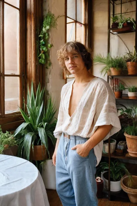male focus, photo of wn_lndbrg <lora:owen_lindberg-07:0.85>, caught in a moment of artistic expression, bohemian loft with high ceilings and large windows, wearing linen shirt with paisley print, and loose trousers, leather wristband, eclectic furnishings, natural light, soft diffused light streaming in from windows, warm inviting atmosphere, relaxed thoughtful pose, warm earthy color palette, (sepia-toned filter), (timeless nostalgic quality), houseplants, bohemian lighitng