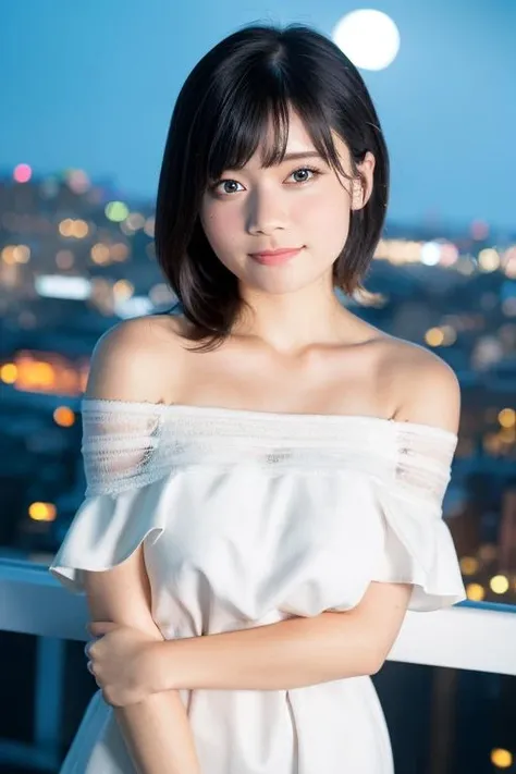 1girl, (wearing a an off-the-shoulder dress:1.4),(RAW photo, best quality), (realistic, photo-realistic:1.4), masterpiece, an extremely delicate and beautiful, extremely detailed, 2k wallpaper, Amazing, finely detail, extremely detailed CG unity 8k wallpaper, ultra-detailed, highres, soft light, beautiful detailed girl, extremely detailed eyes and face, beautiful detailed nose, beautiful detailed eyes,cinematic lighting,(in the city at night:1.8),perfect anatomy,slender body,smiling,(young girl:1.5),(close up:2.0),(look at viewer),(front view:2.0),cinematic angle,(cleavage:1.2),(wavy hair),(brown eyes:1.2), <lora:ninomiyayui_lora-05:0.8>