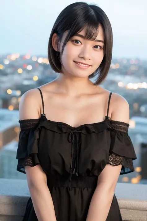1girl, (wearing a an off-the-shoulder dress:1.4),(RAW photo, best quality), (realistic, photo-realistic:1.4), masterpiece, an extremely delicate and beautiful, extremely detailed, 2k wallpaper, Amazing, finely detail, extremely detailed CG unity 8k wallpaper, ultra-detailed, highres, soft light, beautiful detailed girl, extremely detailed eyes and face, beautiful detailed nose, beautiful detailed eyes,cinematic lighting,(in the city at night:1.8),perfect anatomy,slender body,smiling,(young girl:1.5),(close up:1.6),(look at viewer),(front view:2.0),cinematic angle,(cleavage:1.2),(wavy hair),(brown eyes:1.2), <lora:ninomiyayui_lora-05:0.8>