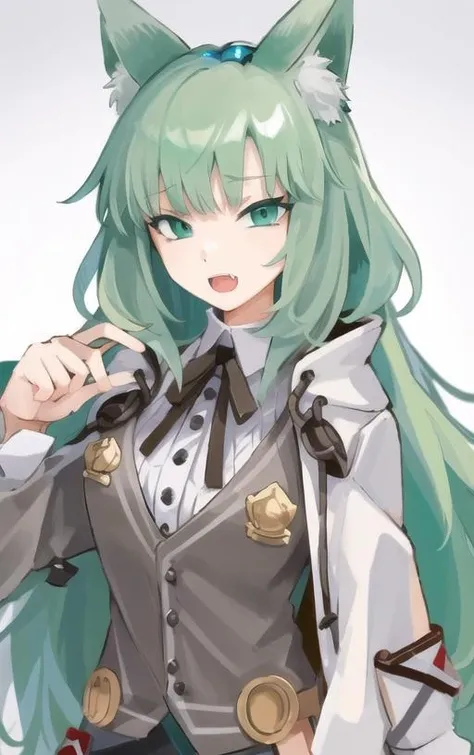 masterpiece, best quality, intricate details,1girl,solo, smug, open mouth, fang, animal ears, <lora:ArknightsHarmonie128NREG:0.95> <lora:endrov3:1.4>