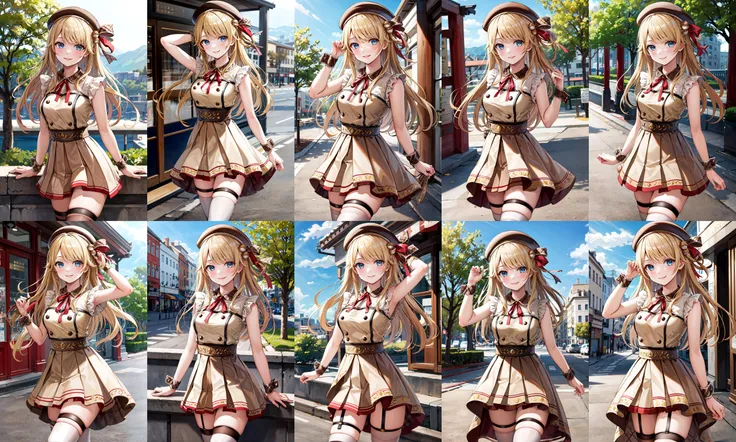 masterpiece, best quality, highres, aastella, long hair, hat, beret, hair ornament, medium breasts, neck ribbon, red ribbon, brown dress, pleated dress, sleeveless, wrist cuffs, brown skirt, thigh strap, white thighhighs, <lora:suzuka_stella_v1:0.7>, smile, cowboy shot, outdoors, arms at sides,