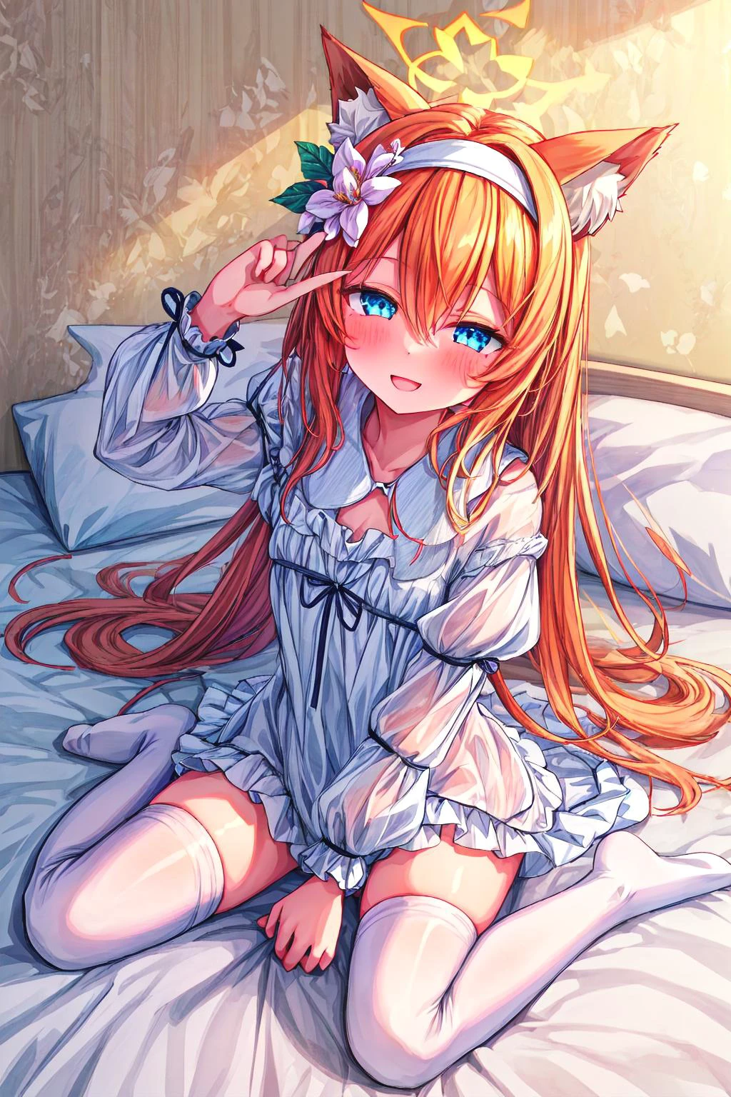 1girl, wariza, on bed, indoors, from above, pov, full body, white thighhighs, no shoes, torogao, <lora:torogao_v55-000010:0.8> mari_bluearchive, long_hair, orange_hair, flower, blue_eyes, halo, bangs, blush, animal_ears, hair_ornament, animal_ear_fluff, hair_flower, smile, hairband, white_hairband, hair_between_eyes, <lora:mari_bluearchive:0.7>, <lora:tangbohu-line_1.0:0.4><lora:colorful_V1_lbw:0.6>, (extremely detailed CG unity 8k wallpaper,best quality, ultra-detailed, beautiful detailed eyes),(best illumination, best shadow, an extremely delicate and beautiful, bloom, absurdres,),, skin glossy, shiny clothes, glistening fabric insanity detailed, subtle ambient glow, global illumination,, <lora:add_detail:0.5>