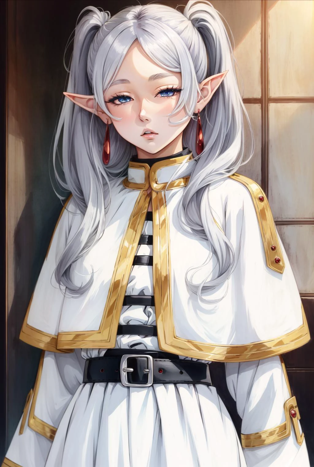 torogao, <lora:ÐÑÑажение лиÑа ÑдоволÑÑÑвие(torogao):1>,<lora:ФÑиÑен пÑовожаÑÑÐ°Ñ Ð² поÑледний пÑÑÑ(aafrie,long hair, white hair,twintails, pointy ears,earrings, thick eyebrows,(Ñм одеждÑ):0.7>,aafrie, long hair, white hair, twintails, pointy ears, earrings, thick eyebrows, white capelet, striped shirt, long sleeves, belt, white skirt, black pantyhose,, anime style, anime colors,detailed anime,animeHD, anime eyes, bigger eyes, high quality anime, large anime pupils, 1girl (in full growth), best quality, masterpiece, ultra-detailed, high quality,perfect anatomy, (perfect full body), (detailed full body), good eyes, perfect face, pretty face,(beautiful and aesthetic:1.2),beautiful eyes, anime eyes, detailed eyes,Exquisite visuals, high-definition