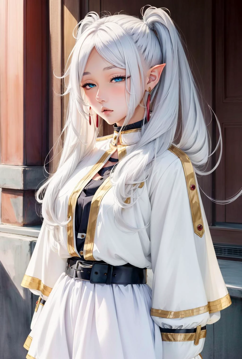 torogao, <lora:ÐÑÑажение лиÑа ÑдоволÑÑÑвие(torogao):1.2>,<lora:ФÑиÑен пÑовожаÑÑÐ°Ñ Ð² поÑледний пÑÑÑ(aafrie,long hair, white hair,twintails, pointy ears,earrings, thick eyebrows,(Ñм одеждÑ):0.7>,aafrie, long hair, white hair, twintails, pointy ears, earrings, thick eyebrows, white capelet, striped shirt, long sleeves, belt, white skirt, black pantyhose,, anime style, anime colors,detailed anime,animeHD, anime eyes, bigger eyes, high quality anime, large anime pupils, 1girl (in full growth), best quality, masterpiece, ultra-detailed, high quality,perfect anatomy, (perfect full body), (detailed full body), good eyes, perfect face, pretty face,(beautiful and aesthetic:1.2),beautiful eyes, anime eyes, detailed eyes,Exquisite visuals, high-definition