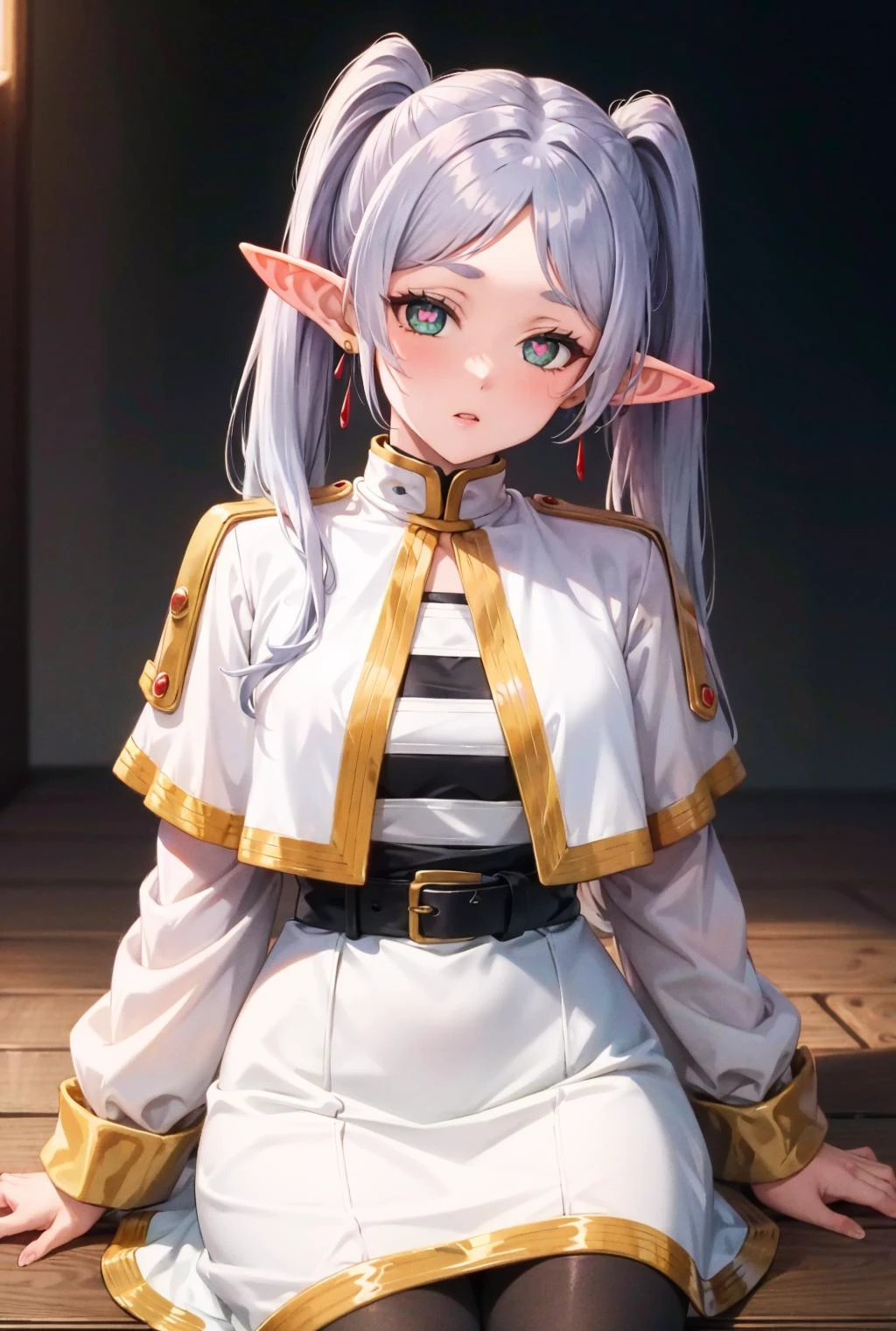 torogao,heart-shaped pupils,<lora:ÐÑÑажение лиÑа ÑдоволÑÑÑвие и глаза зÑаÑки в ÑоÑме ÑеÑдÑа(torogao,heart-shaped pupils):1>, <lora:ФÑиÑен пÑовожаÑÑÐ°Ñ Ð² поÑледний пÑÑÑ(aafrie,long hair, white hair,twintails, pointy ears,earrings, thick eyebrows,(Ñм одеждÑ):0.7>,aafrie, long hair, white hair, 2twintails, pointy ears, earrings, thick eyebrows, white capelet, striped shirt, long sleeves, belt, white skirt, black pantyhose,sea ââgreen eyes, 1girl in full growth, best quality, masterpiece, ultra-detailed, high quality, perfect nose, highly detailed skin, warm skin tone, defiance512, RAW photo, best quality, high resolution, (masterpiece), dreamlike, dreamy, modelshoot style, analog style, tonemapping, photorealistic, professional photography, sharp focus, HDR, 8K resolution, intricate detail, sophisticated detail, hyper detailed, (depth of field), highlight and shadow, volumetric lighting, cinematic bloom, professional light, looking at viewer, blotchy,