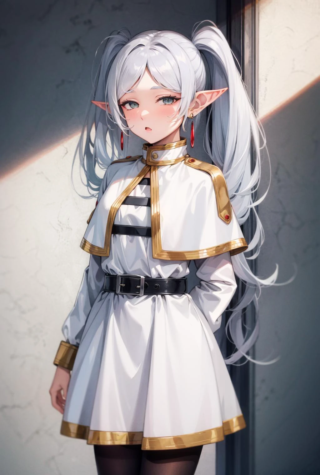 torogao, <lora:ÐÑÑажение лиÑа ÑдоволÑÑÑвие(torogao):1.2>,<lora:ФÑиÑен пÑовожаÑÑÐ°Ñ Ð² поÑледний пÑÑÑ(aafrie,long hair, white hair,twintails, pointy ears,earrings, thick eyebrows,(Ñм одеждÑ):0.7>,aafrie, long hair, white hair, twintails, pointy ears, earrings, thick eyebrows, white capelet, striped shirt, long sleeves, belt, white skirt, black pantyhose,, 1girl in full growth, best quality, masterpiece, ultra-detailed, high quality, perfect nose, highly detailed skin, warm skin tone, defiance512, RAW photo, best quality, high resolution, (masterpiece), dreamlike, dreamy, modelshoot style, analog style, tonemapping, photorealistic, professional photography, sharp focus, HDR, 8K resolution, intricate detail, sophisticated detail, hyper detailed, (depth of field), highlight and shadow, volumetric lighting, cinematic bloom, professional light, looking at viewer, blotchy,