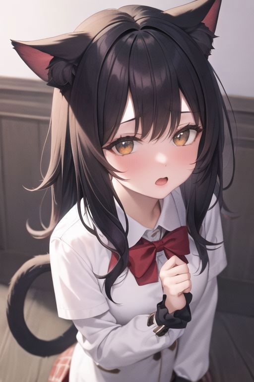 Anime girl with black hair and cat ears holding a red bow - SeaArt AI