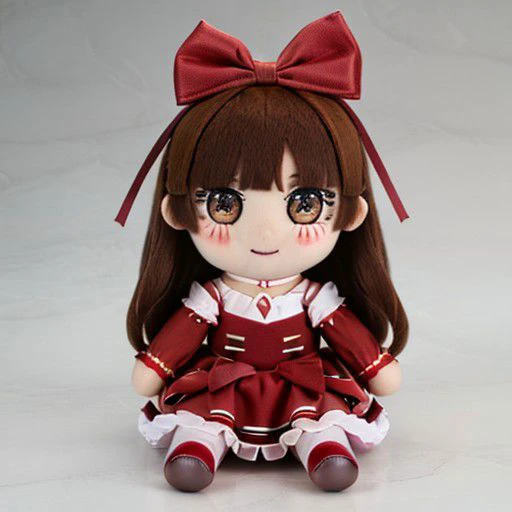 1girl, solo, long hair, breasts, looking at viewer, blush, smile, bangs, simple background, brown hair, red eyes, long sleeves, dress, bow, ribbon, holding, brown eyes, large breasts, closed mouth, collarbone, hair bow, frills, choker, black dress, red ribbon, two side up, black bow