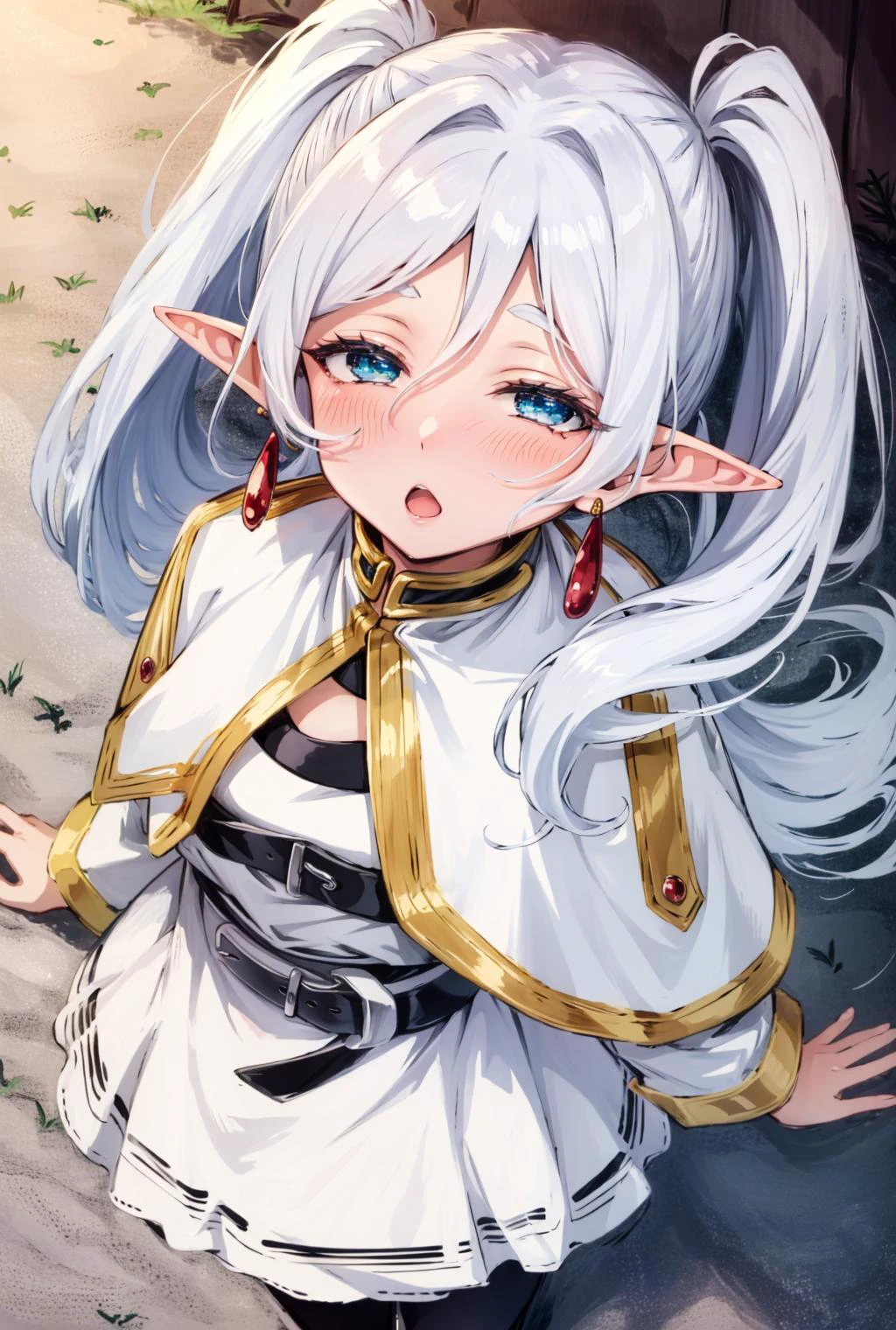 torogao, <lora:ÐÑÑажение лиÑа ÑдоволÑÑÑвие(torogao):1.2>,<lora:ФÑиÑен пÑовожаÑÑÐ°Ñ Ð² поÑледний пÑÑÑ(aafrie,long hair, white hair,twintails, pointy ears,earrings, thick eyebrows,(Ñм одеждÑ):0.7>,aafrie, long hair, white hair, twintails, pointy ears, earrings, thick eyebrows, white capelet, striped shirt, long sleeves, belt, white skirt, black pantyhose,, anime style, anime colors,detailed anime,animeHD, anime eyes, bigger eyes, high quality anime, large anime pupils, 1girl (in full growth), best quality, masterpiece, ultra-detailed, high quality,perfect anatomy, (perfect full body), (detailed full body), good eyes, perfect face, pretty face,(beautiful and aesthetic:1.2),beautiful eyes, anime eyes, detailed eyes,Exquisite visuals, high-definition