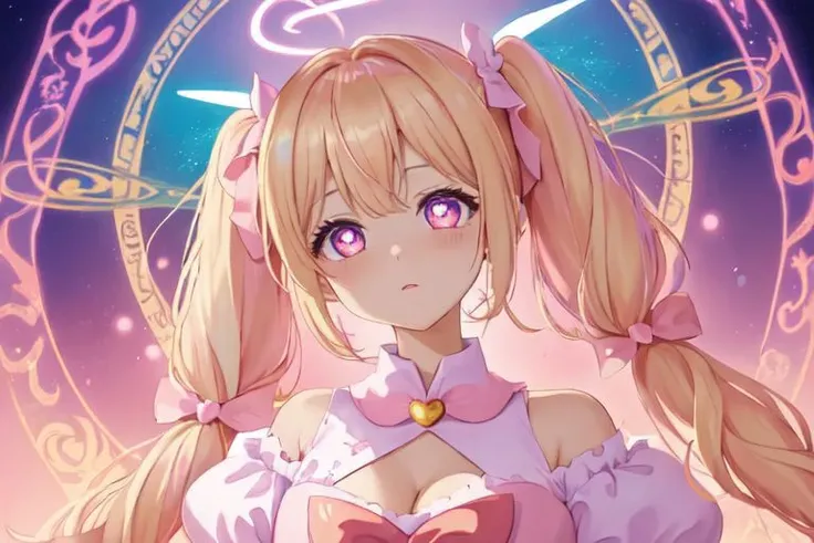 angel girl, halo, cleavage, very ong hair, big hair, light blonde, pink magical girl fashion, tight, collar, dekora, detailed, kawaii, glowing eyes, divine, soft pastel colours, night, glow, shine, heart-shaped pupils, glowing heart, glossy lips, eyeliner, lashes, twintails, free shoulders, pink bows