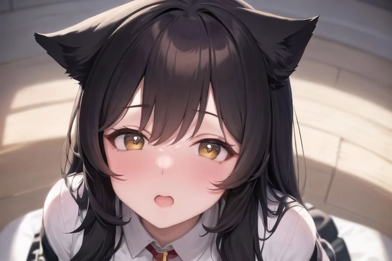 Atago, (Embarrassed), cat ears. black hair, beautiful and cute face, Brown eyes, 1girl, solo, masterpiece, best quality, unity 8k wallpaper, illustration, ultra-detailed, <lora:torogao_v4-000010:1.4> , full-face blush, indoors, dark, night, shadow, indoors, size difference, (looking up:1.4), upper body, cat ears, (from above:1.4)