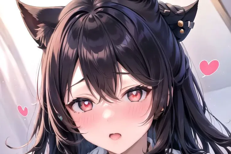 atago (Embarrassed), cat ears. black hair, beautiful and cute face, Brown eyes,long hair, masterpiece, best quality, absurdres, extremely detailed, illustration, cute, perfect lighting, 1girl, solo, <lora:torogao_v5-000010:1.4>, full-face blush, inubashiri momiji, normal breasts, from above, heart-shaped pupils