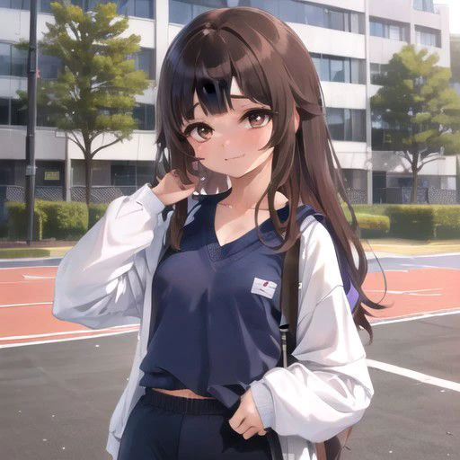 1girl, small breasts, gym uniform, long hair, brown hair, brown eyes, loil, blunt bangs, heart-shaped pupils, crying, outdoor, ,cleavage