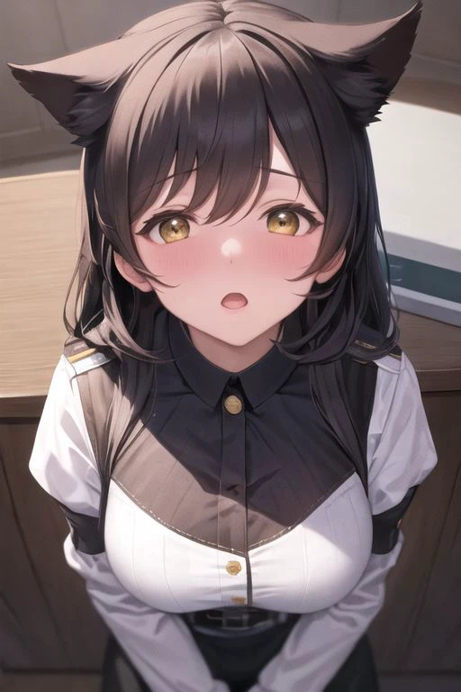 Atago, (Embarrassed), cat ears. black hair, beautiful and cute face, Brown eyes, 1girl, solo, masterpiece, best quality, unity 8k wallpaper, illustration, ultra-detailed, <lora:torogao_v4-000010:1.4> , full-face blush, indoors, dark, night, shadow, indoors, size difference, (looking up:1.4), upper body, cat ears, (from above:1.4)