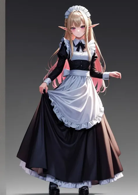 full body, (highres, best quality:1.2), vibrant image, sharpness, colorful, solo, elf, long hair, fair skin, maid's clothes , <lora:GoodHands-beta2:1>, <lora:add_detail:0.5>, <lora:boldline:0.3>, <lora:hairdetailer:0.3>, <lora:torogao_v2-000010:1>,