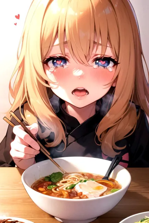 1girl, solo, masterpiece, best quality, unity 8k wallpaper, illustration, ultra-detailed, full-face blush, heavy breathing, wavy mouth, food, noodles, bowl, ramen, table, sitting <lyco:torogao_v2-000010:1>, tears,  <lora:heartEyes_v1.0:0.7>, heart-shaped_pupils