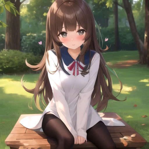 1girl, small breasts, long hair, brown hair, brown eyes, loil, blunt bangs, heart-shaped pupils, torn pantyhose, outdoor