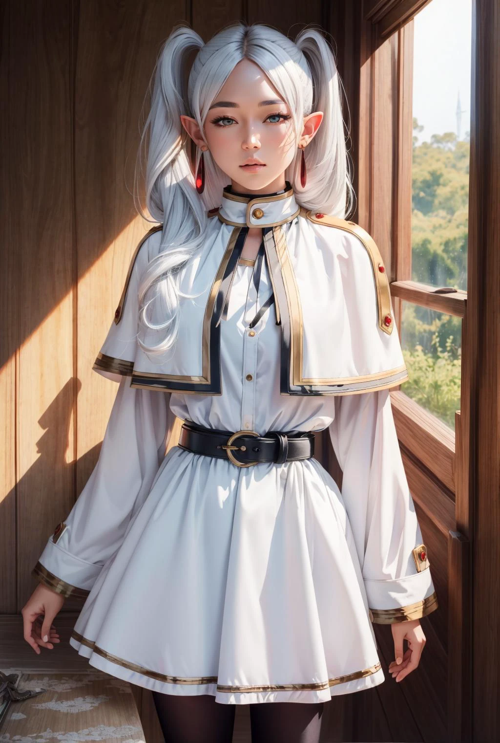 torogao, <lora:ÐÑÑажение лиÑа ÑдоволÑÑÑвие(torogao):1.2>,<lora:ФÑиÑен пÑовожаÑÑÐ°Ñ Ð² поÑледний пÑÑÑ(aafrie,long hair, white hair,twintails, pointy ears,earrings, thick eyebrows,(Ñм одеждÑ):0.7>,aafrie, long hair, white hair, twintails, pointy ears, earrings, thick eyebrows, white capelet, striped shirt, long sleeves, belt, white skirt, black pantyhose,, 1girl in full growth, best quality, masterpiece, ultra-detailed, high quality, perfect nose, highly detailed skin, warm skin tone, defiance512, RAW photo, best quality, high resolution, (masterpiece), dreamlike, dreamy, modelshoot style, analog style, tonemapping, photorealistic, professional photography, sharp focus, HDR, 8K resolution, intricate detail, sophisticated detail, hyper detailed, (depth of field), highlight and shadow, volumetric lighting, cinematic bloom, professional light, looking at viewer, blotchy,