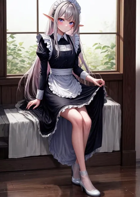 full body, (highres, best quality:1.2), vibrant image, sharpness, colorful, solo, elf, long hair, fair skin, maid's clothes , <lora:GoodHands-beta2:1>, <lora:add_detail:0.5>, <lora:boldline:0.3>, <lora:hairdetailer:0.3>, <lora:torogao_v2-000010:1>,