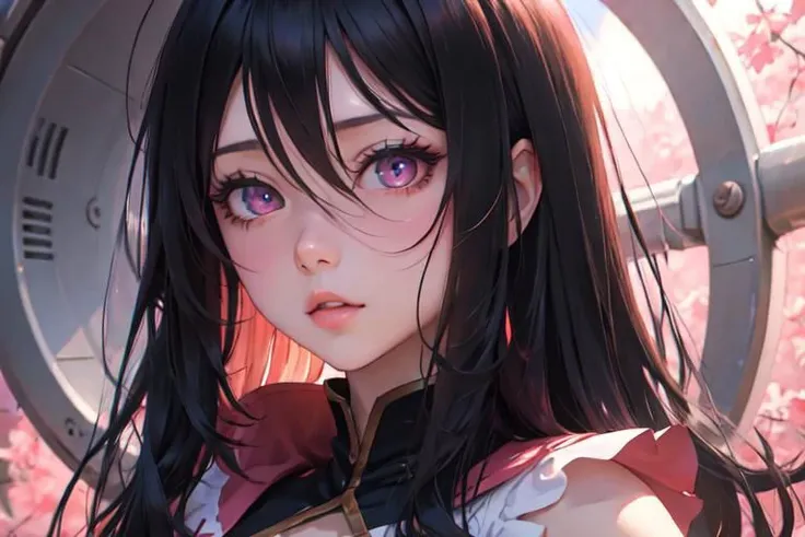 Anime face, 1girl , black hair, pink eyes, Pointy eyelashes, Extreme focus on eyes, detailed face,