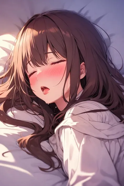 1girl, solo, masterpiece, best quality, unity 8k wallpaper, illustration, ultra-detailed, <lora:torogao_v2-000010:1>, full-face blush, heavy breathing, lying, on side, sleeping, wavy mouth, saliva